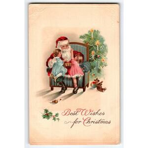 Vintage Santa Claus Christmas Postcard with Children & Tree, 1910s Embossed
